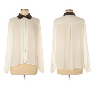 GREYLIN Sheer White Pleated Lace Collar Blouse M